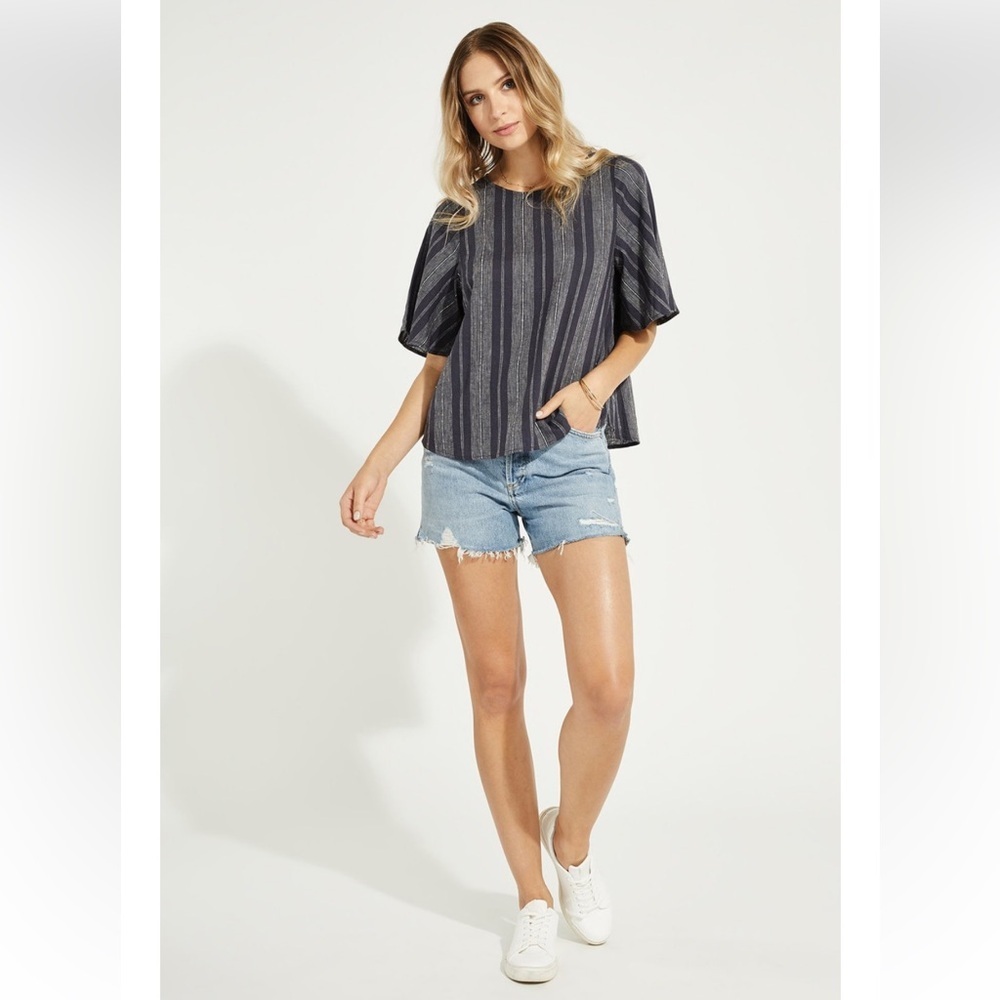 Gentle Fawn era linen flutter sleeve, navy striped top, small